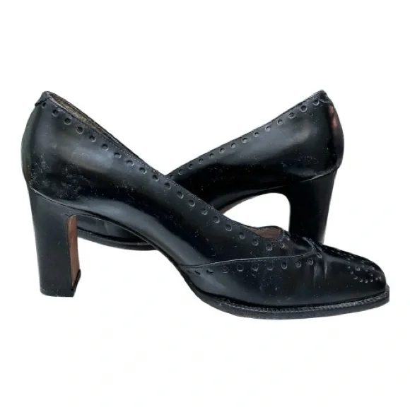 Vintage Anne Klein Black All Leather Wingtip Oxford Pumps Square Toe Italy 6 - Picture 10 of 16